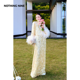 NOTHING 定制珠片面料鸵鸟毛礼服裙 NINE