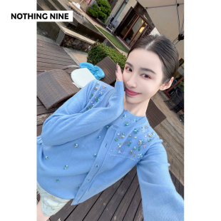 天空100%美利奴羊毛手工花珠针织开衫 雏菊 背心 NINE NOTHING