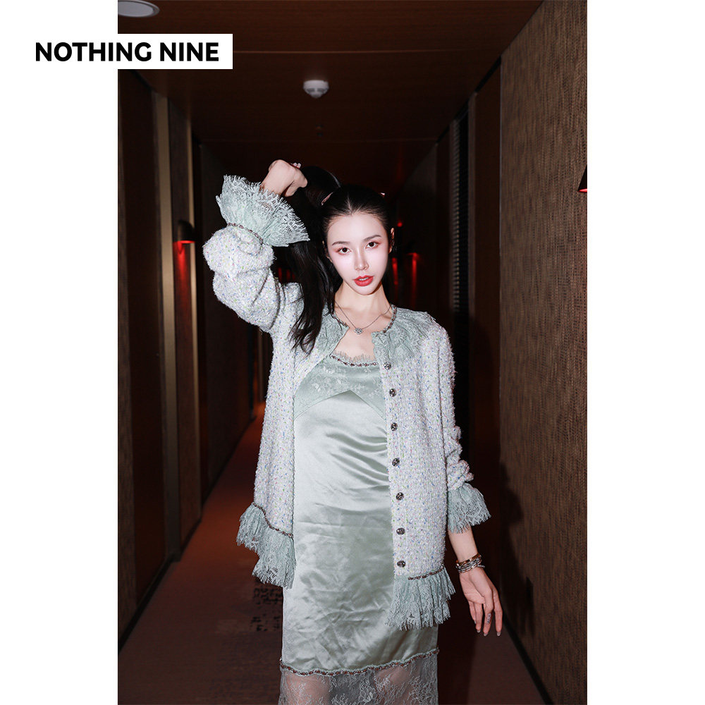 NOTHING NINE 半顷方糖 手工钉钻醋酸蕾丝吊带连衣裙/开衫