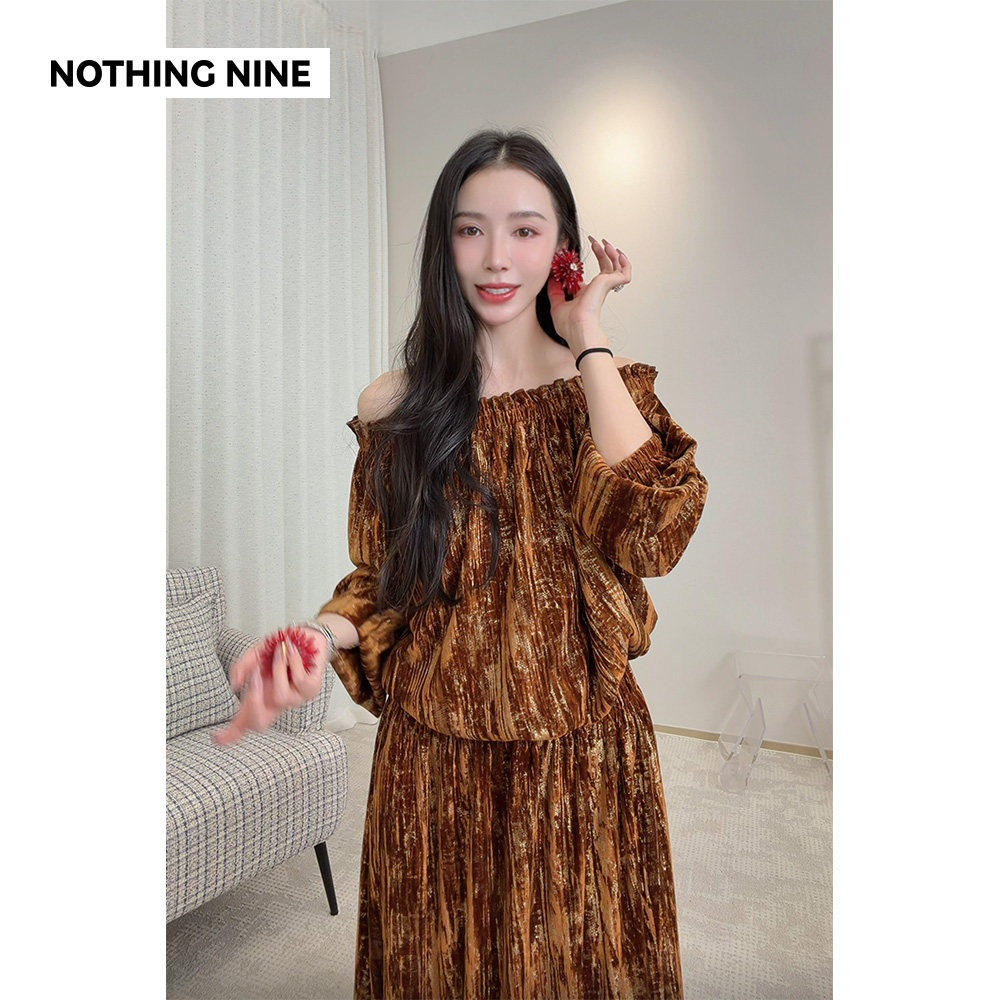 NOTHING NINE 伊莉拉定制烫金丝绒一字肩连衣裙