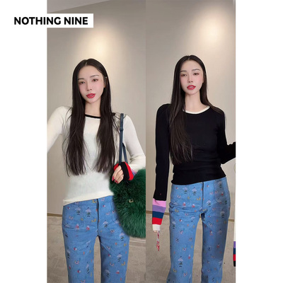 NOTHING NINE 莫卡风铃黑白两色彩袖羊毛打底