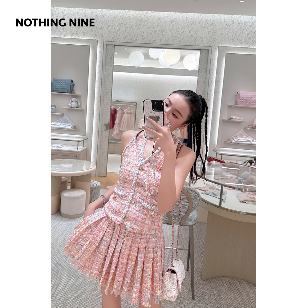 NOTHING NINE 玫糖心跳编织马赛克马甲/百褶短裙
