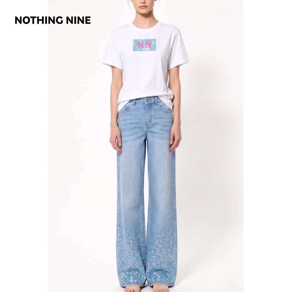 NOTHING NINE 璃蓝闲章 100%棉亮片牛仔裤