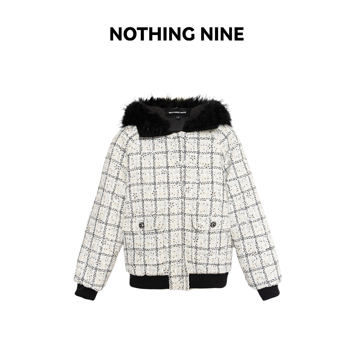 NOTHING NINE 洛维塔定制珠片粗花呢连帽夹棉外套帽子可拆卸