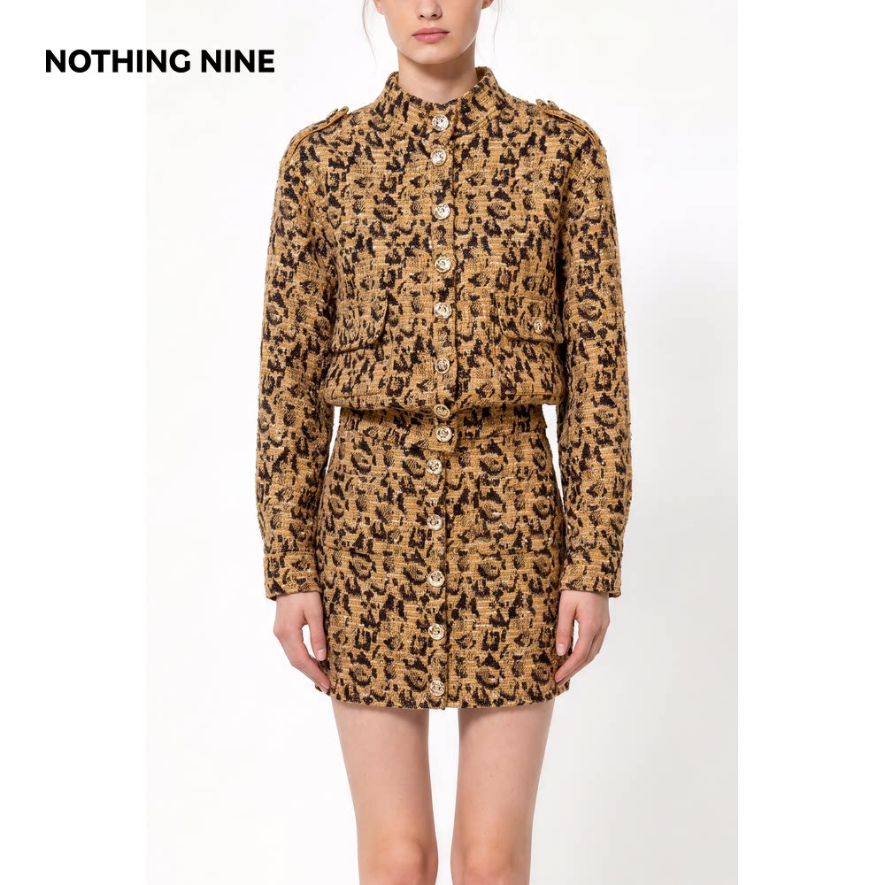 NOTHING NINE 鎏斑赭影豹纹花呢立领外套/背心/短裙套装