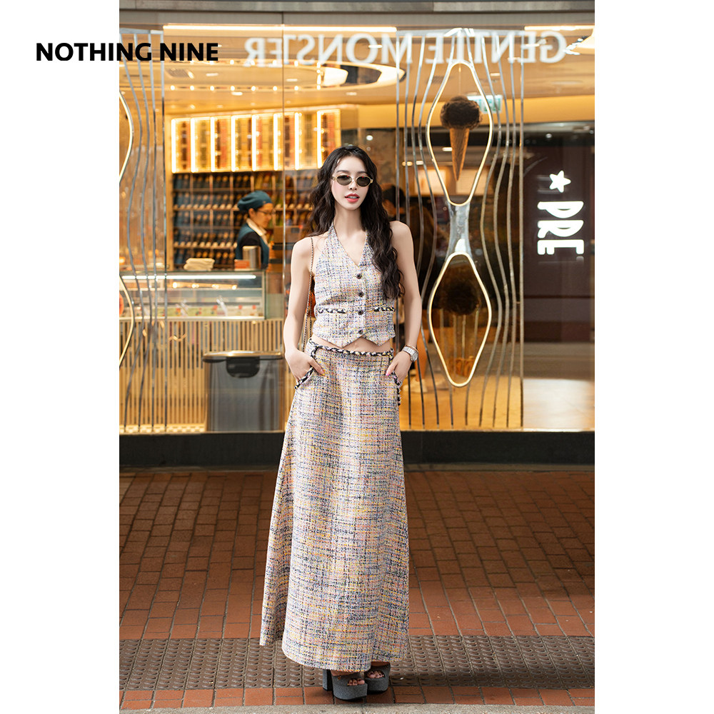 NOTHING NINE 玛莎赫尔意大利进口面料胸花挂脖马甲/长半裙