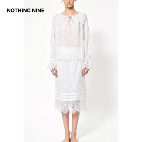 NOTHING NINE 云栖花影纯棉浮雕立体花朵套装上衣/半裙