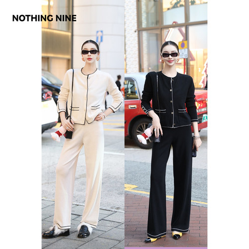 NOTHING NINE  珀尔汐 羊毛针织套装开衫/长裤（白光色/夜空黑）