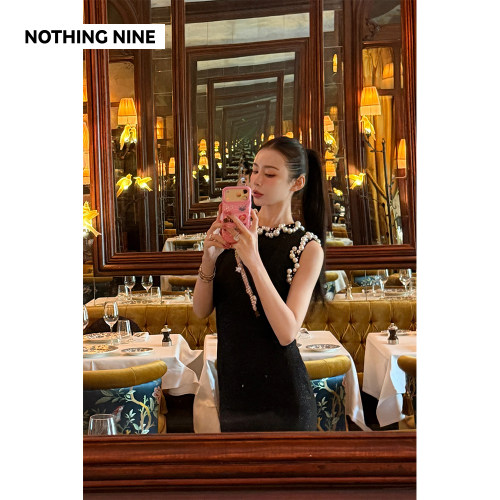 NOTHING NINE  墨色星吟手工珍珠亮片亮片连衣裙