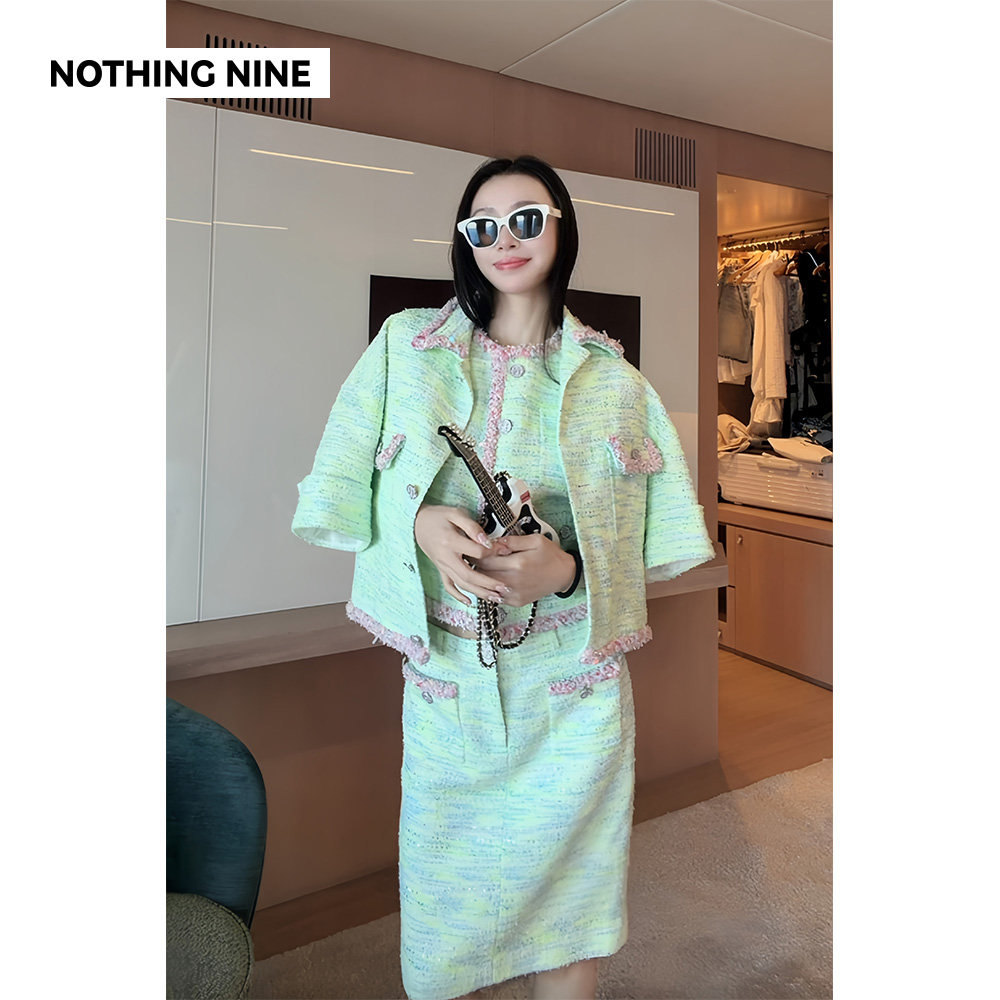 NOTHING NINE 风线碎萤意大利进口粗花呢手工织带外套/马甲/半裙