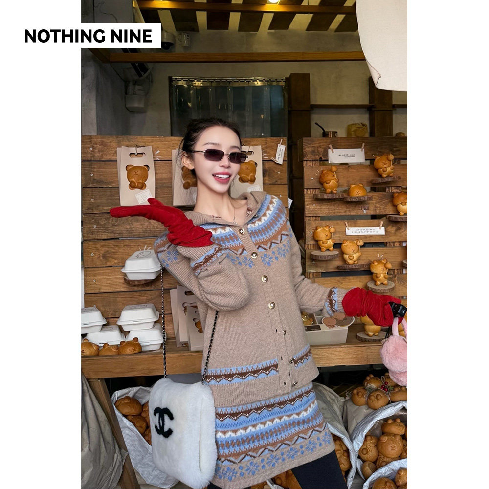 NOTHING NINE 初冬来信羊毛针织连帽上衣/半裙套装