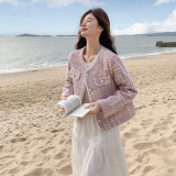圆领小香风短款女夹棉加厚短外套春季时尚粗花呢气质春秋小个子，女装短外套，浙宝137
