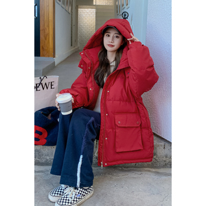 红色羽绒棉衣棉服女冬2025新款爆款宽松小个子面包服棉袄结婚外套图片