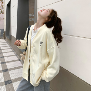女薄款刺绣韩版春秋V领秋季卫衣宽松春秋季慵懒风长袖短款休闲，女装短外套，浙宝137