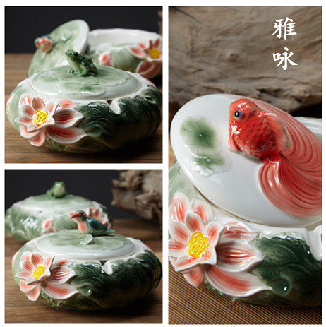 陶瓷中式风青蛙带盖多功能烟灰缸