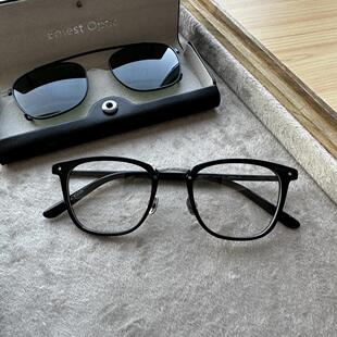 欧内近视眼镜复古方框中金架B钛板材带墨镜夹片偏光手造雕花手工