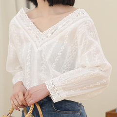 Real photo loose temperament white panel hollow lace large collar small shirt middle sleeve top women's summer