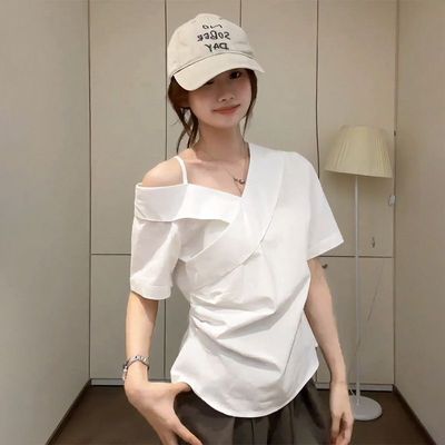 大码微胖mm甜辣风斜领露肩衬衫短袖女夏季设计感小众独特别致上衣
