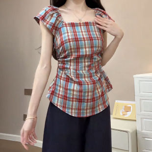 百搭上衣潮 大码 胖mm纯欲辣妹方领格纹衬衫 女夏季 褶皱收腰显瘦修身