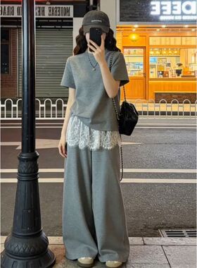 韩系巨好看穿搭一整套百搭新款灰色短袖上衣女夏季阔腿裤两件套装