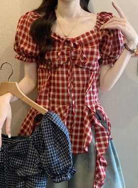 法式红色格子方领短袖衬衫女百搭夏季大码显瘦遮肚子飘带小衫上衣
