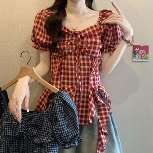 法式红色格子方领短袖衬衫女百搭夏季大码显瘦遮肚子飘带小衫上衣