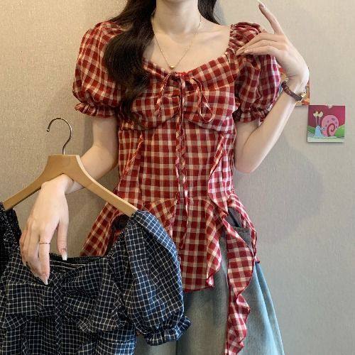 法式红色格子方领短袖衬衫女百搭夏季大码显瘦遮肚子飘带小衫上衣