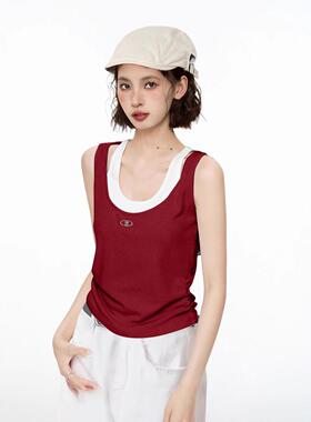 红色假两件无袖吊带背心女夏季外穿宽肩带内搭打底遮副乳工字上衣