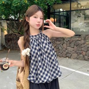复古格纹花苞无袖背心女装夏季百搭新款撞色显瘦外穿挂脖气质上衣