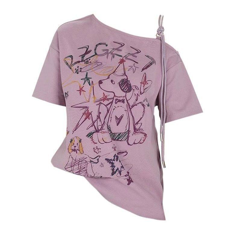 美式复古性感露肩短袖t恤女夏季涂鸦印花绑带小众设计感宽松上衣,女装/女士精品,T恤,淘宝优惠券,粉丝福利购,淘宝优惠卷