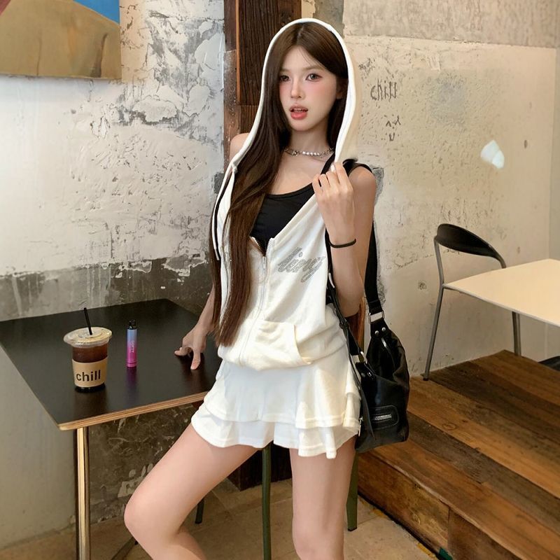 高街美式辣妹修身连帽露背运动女夏字母镶钻短裙时尚连衣裙潮