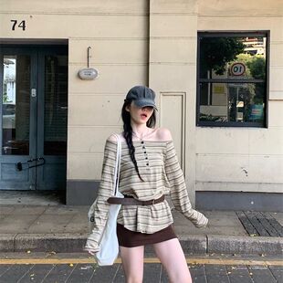 美式复古慵懒风一字肩露肩长袖T恤女春秋季百搭新款宽松条纹上衣