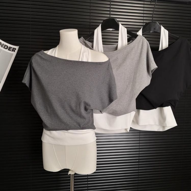 假两件挂脖一字领露肩短袖T恤女夏季新款宽松显瘦短款百搭上衣潮