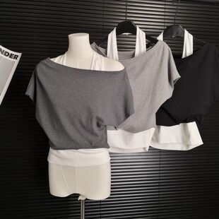 假两件挂脖一字领露肩短袖T恤女夏季新款宽松显瘦短款百搭上衣潮