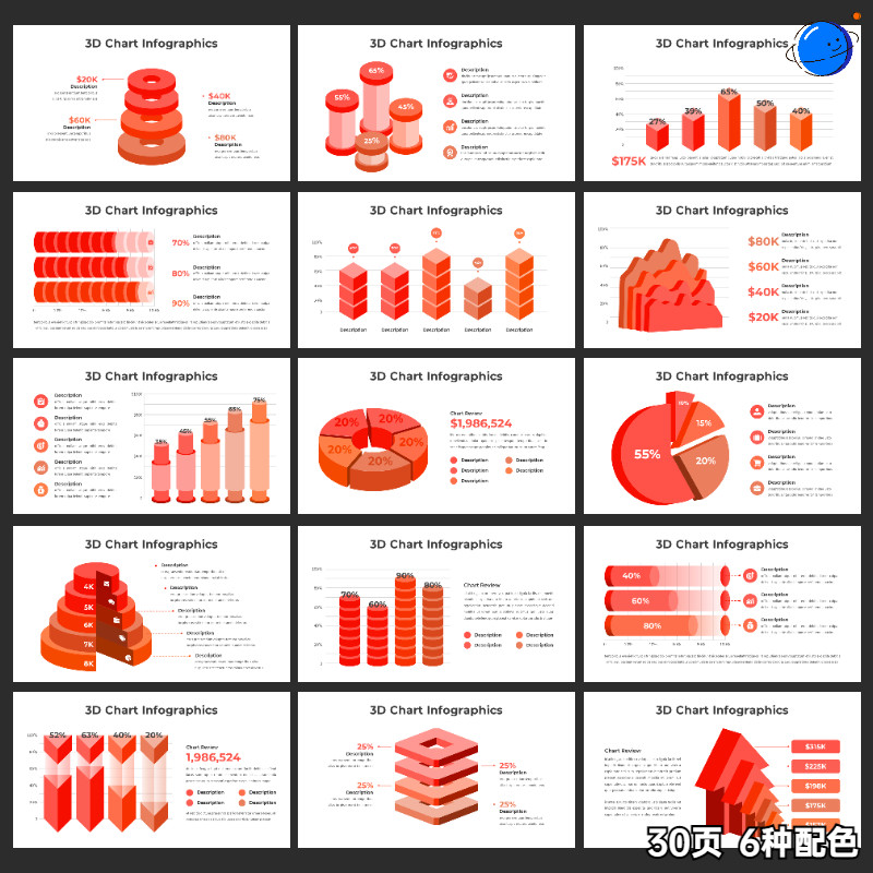 3D ppt图表素材数据可视化3d ppt模板多种配色极简排版代制作美化