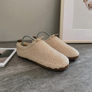 【秀履】冬季亲子款抽绳套脚卷羊毛混纺儿童平底休闲鞋居家便鞋