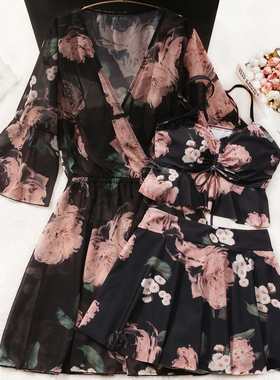 【锦簇繁花】泳衣女款泡温泉三件套显瘦遮肉黑色保守罩衫妈妈泳装