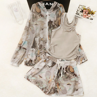 【水墨风情】冷调卡其显白微胖女孩显瘦遮肉运动泳衣女三件套分体