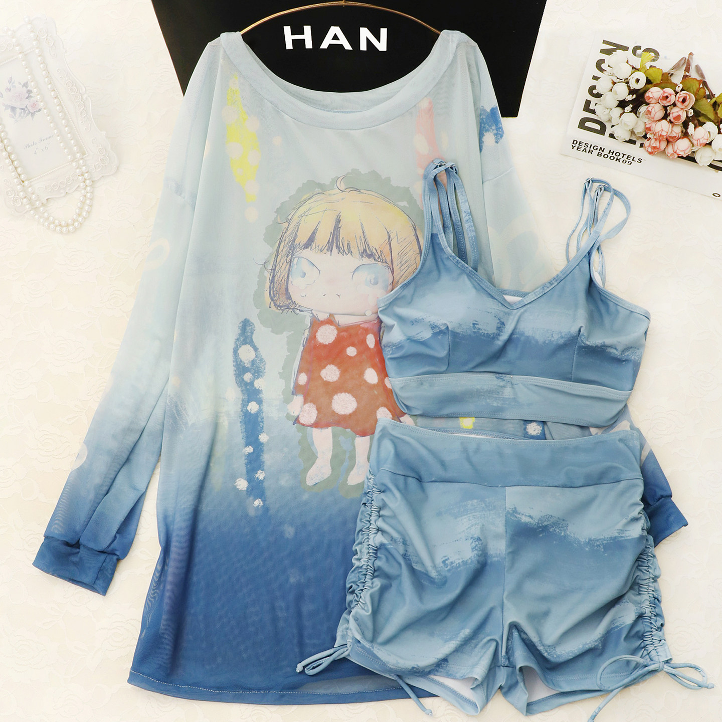 【雾境漫染】显白海蓝色三件套泳衣女泡温泉度假分体罩衫显瘦泳装