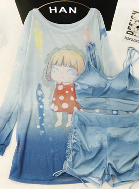 【雾境漫染】显白海蓝色三件套泳衣女泡温泉度假分体罩衫显瘦泳装