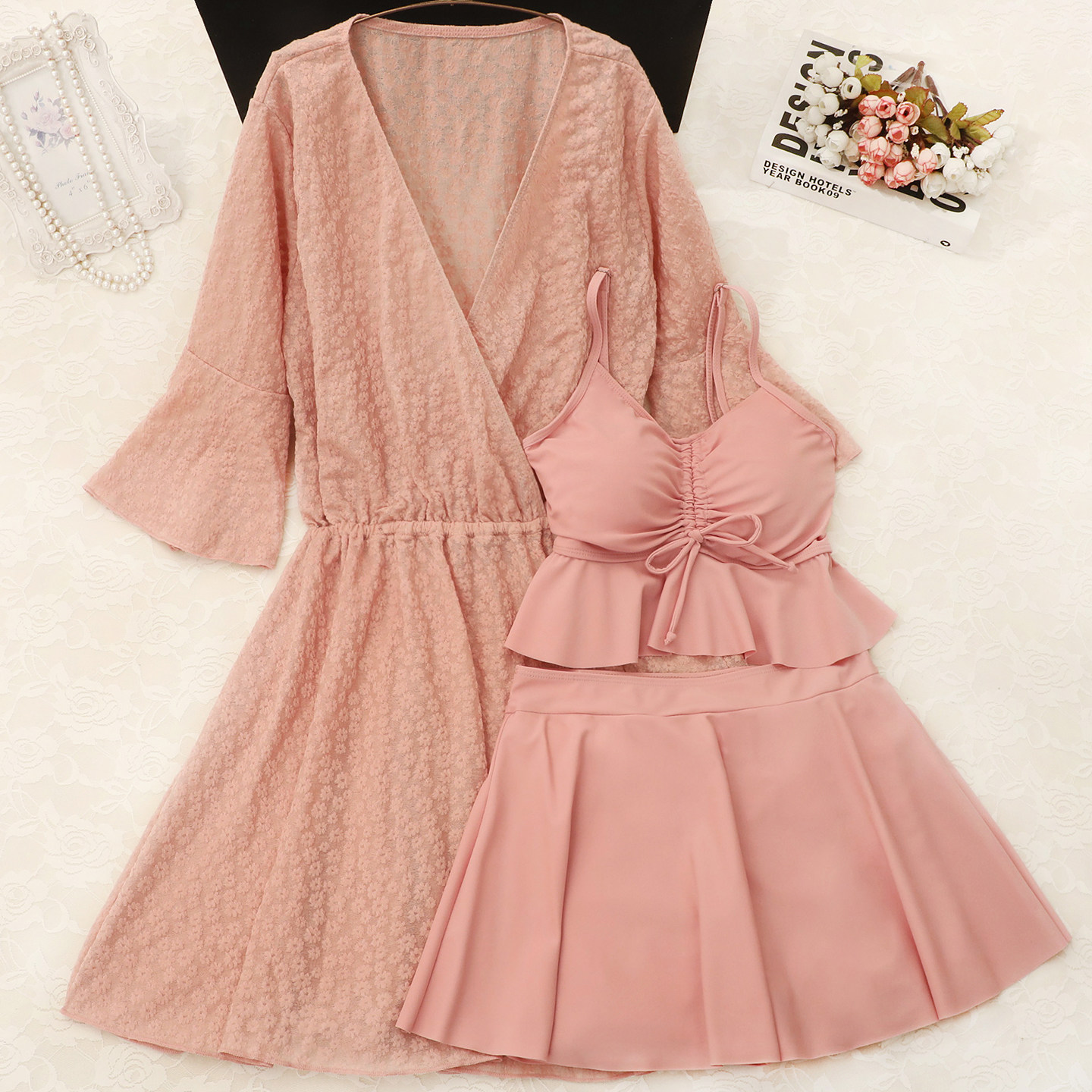 【重瓣粉樱】高级感立体织纹罩衫保守遮肉显瘦三件套泳衣女泡温泉