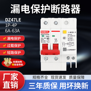 工厂促销 2P63A空气开关带漏电保护器断路器两相家用总开关 DZ47LE