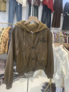 新款假两件连帽抽绳皮衣宽松休闲卫衣拉锁按扣长袖短款外套