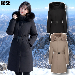 反季特价 韩国代购 K2 冬 女 防水中长款连帽鹅绒羽绒服