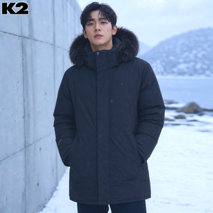 反季特价 韩国代购 K2 冬 男 防水中长款连帽加厚鹅绒羽绒服