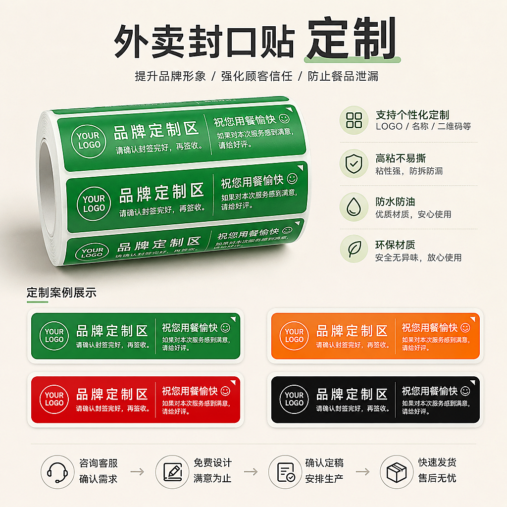 外卖封口贴防水餐饮打包袋贴纸