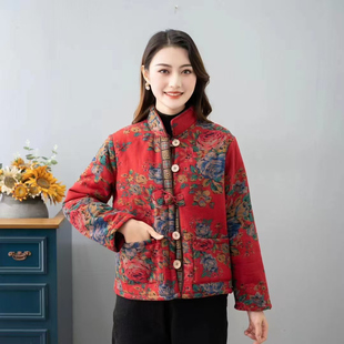妈妈装冬季新款加厚印花棉衣民族风棉服立领短款夹棉外套女小棉袄