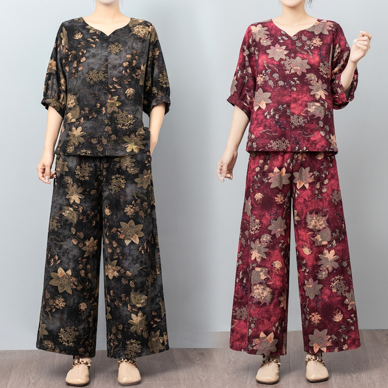 妈妈装夏季印花七分袖两件套中老年女装洋气宽松大码棉麻国风套装