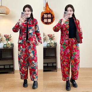 小棉袄外套两件套 秋冬季 东北大花棉袄民族风加绒加厚棉衣棉裤 套装
