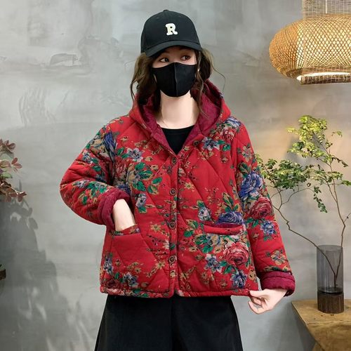 民族风印花棉服女连帽短款宽松保暖棉袄大码妈妈装大花外套小棉衣